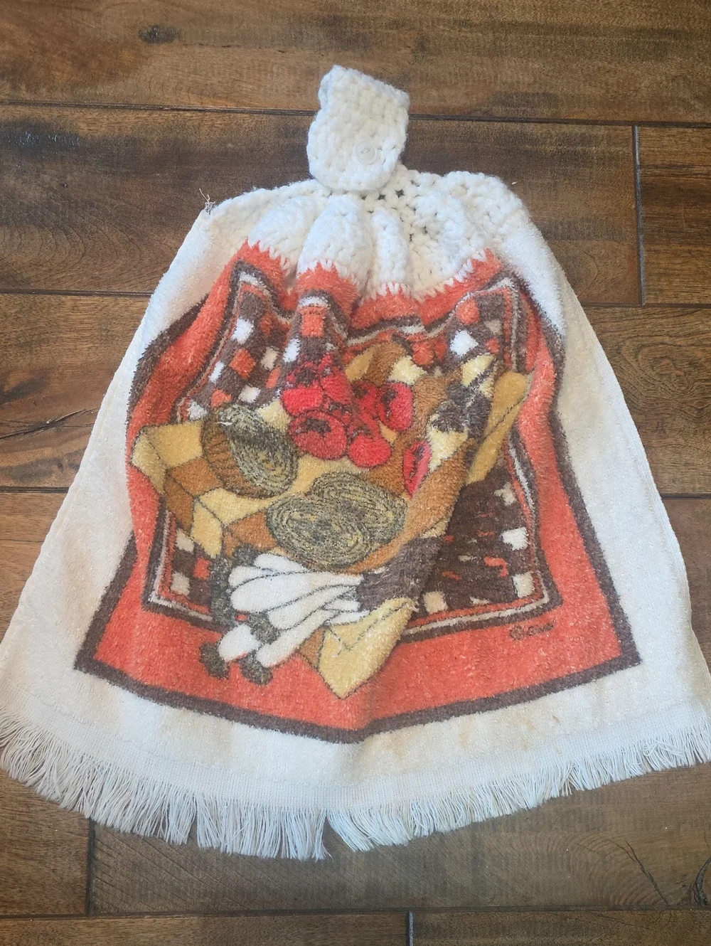 Set of 3 Vintage Kitchen Towels Crochet Top Vegetables Mushrooms Grannycore